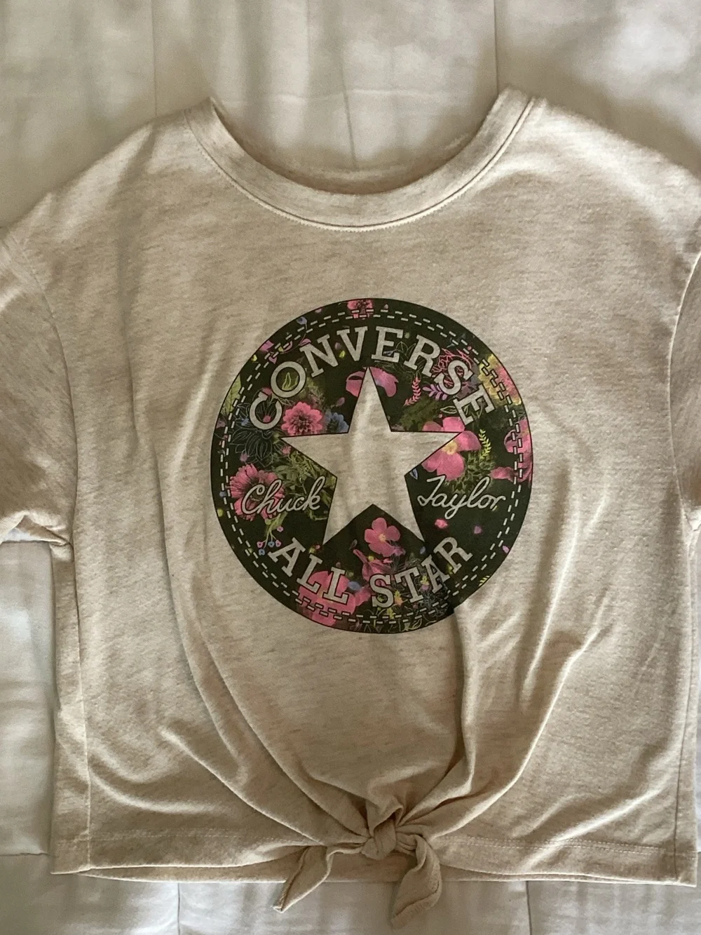Converse Kids Beige Tie-Hem Tee with Floral All Star Logo